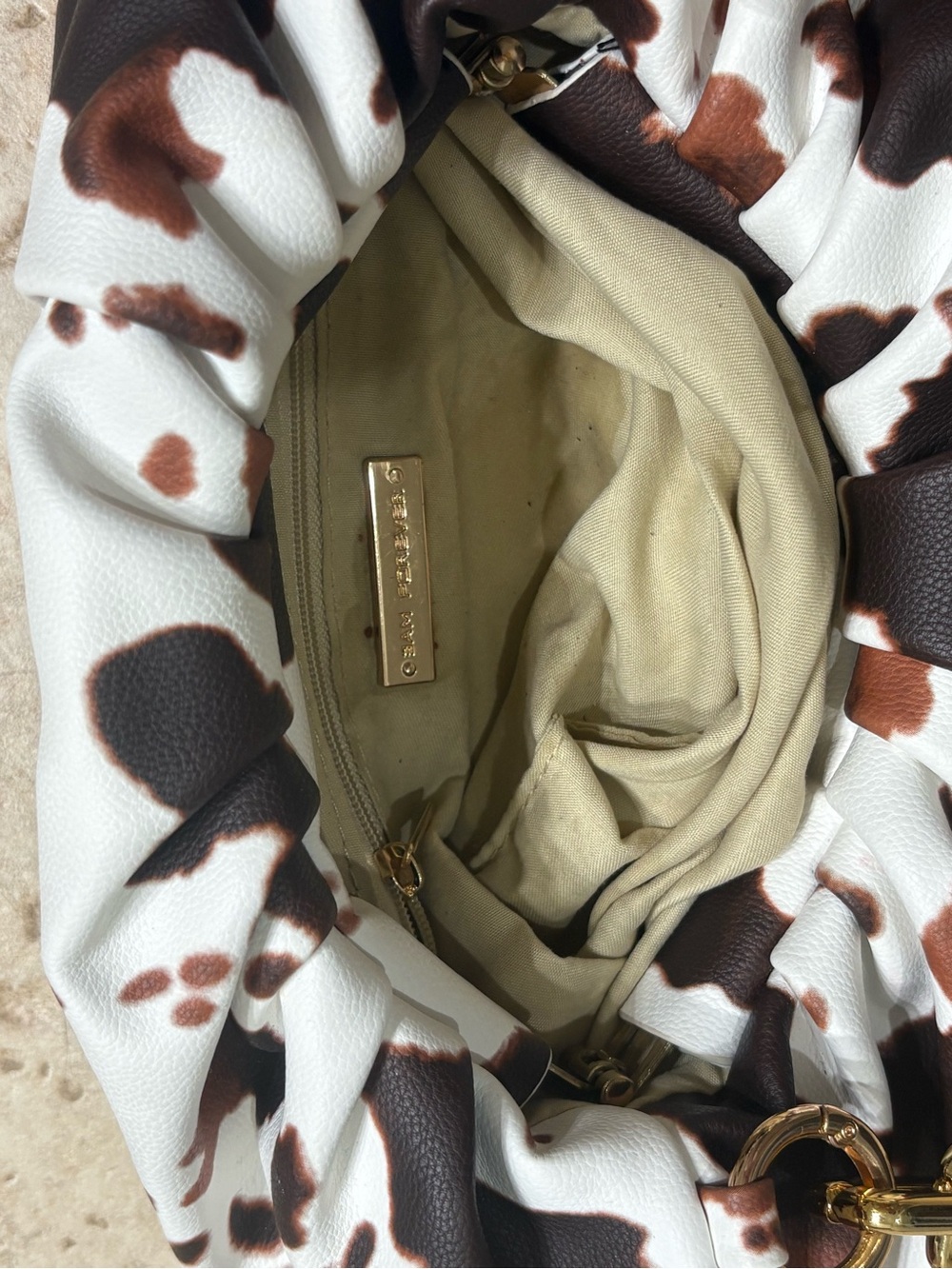 Cow Print Mini Shoulder Bag with Gold Chain Strap - Brown & White - Picture 9 of 10